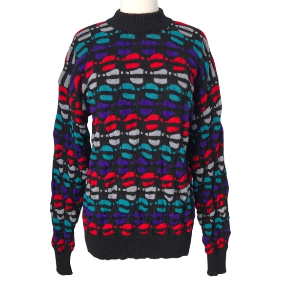 Ossi Skiwear Other - Ossi Skiwear Vintage 80s Black Red Purple Mock Neck Chunky Wool Sweater- Men's
